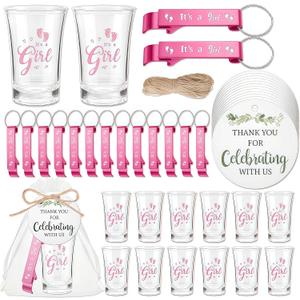 25 Set Baby Shower Favors for 25 Guests, It's a Girl Shot Glasses with Bottle Opener Keychains Floral Thank You Tags & Bags for Gender Reveal Party Baby Shower Game Prizes Guests Return Gift (Girl)