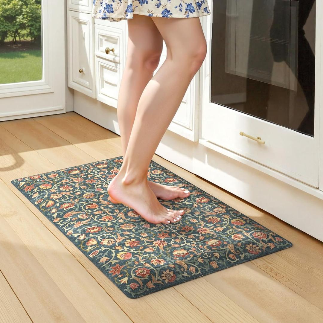 KIMODE Kitchen Mats for Floor Cushioned Anti Fatigue,Boho Vintage Kitchen Rugs Non Slip,Cushioned Memory Foam Kitchen Standing Floor Mat for Bathroom Sink Office Home Decor,Blue/Red 17.3"x28" (Dark Green/Orange)