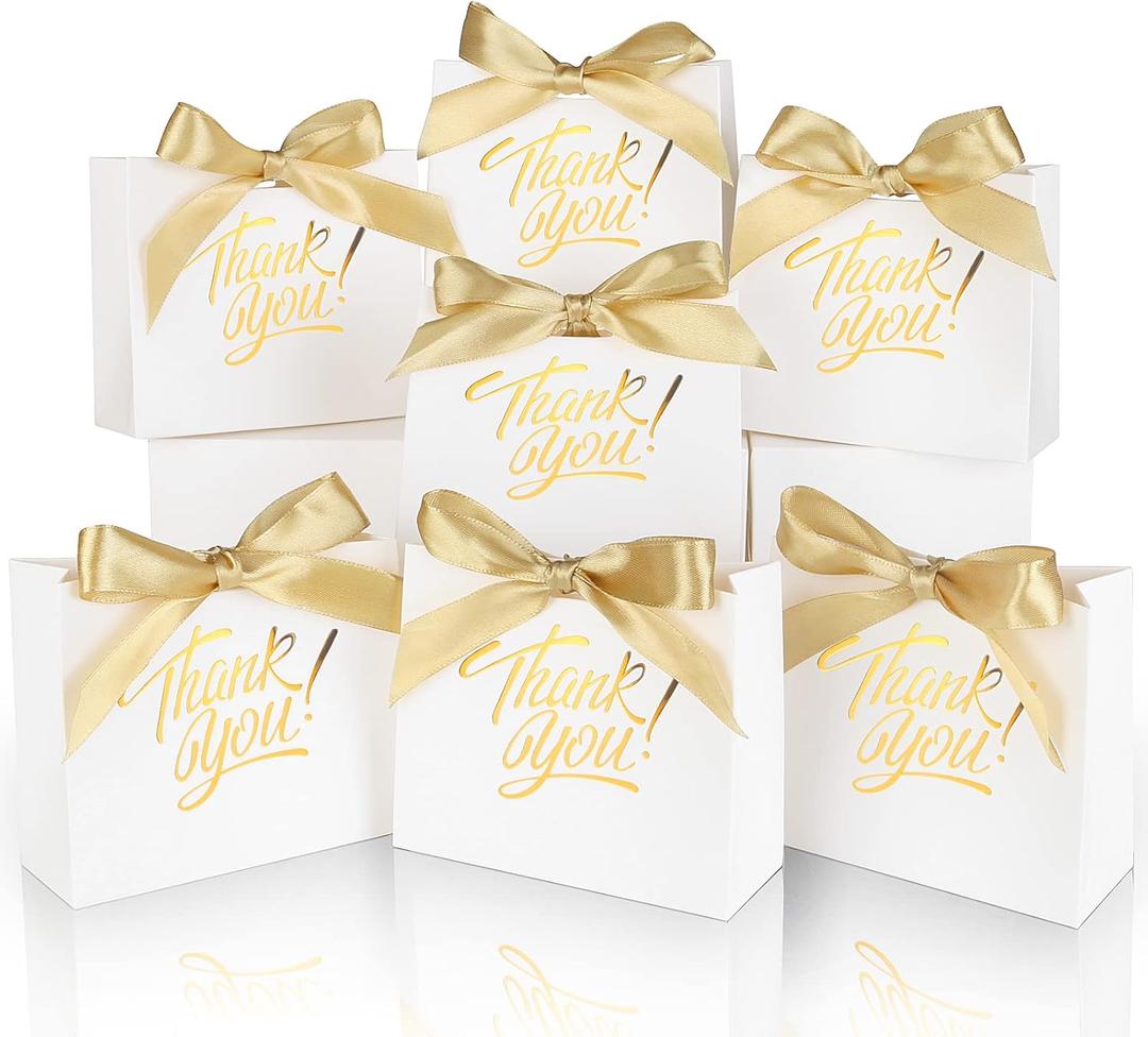 100 Pack Small Thank You Gift Bags, 4.5x1.8x3.9in Party Favor Bags Boxes with Bow Ribbon, Small Paper Gift Bags with Gold Foil Printed, Mini Candy Treat Bags for Birthday Wedding Party Holiday (White)