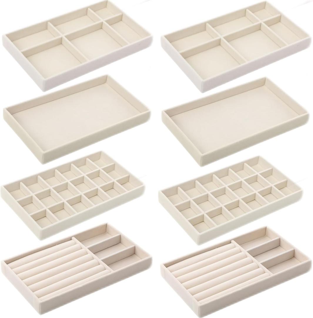 Inbagi 8 Pcs Small Velvet Jewelry Trays Stackable Drawers Organizer Inserts Divided Display Trays for Earring Ring Necklace, Beige
