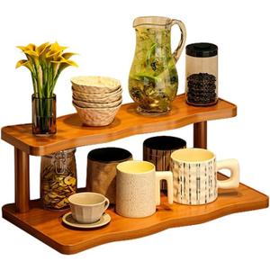 Wooden Mug Holder Countertop, Coffee Station Organizer, Counter Shelf for Tea Coffee Bar Accessories, Matcha Stand, Cup Display, Kitchen Condiment Storage Rack,2tier,11.81IN