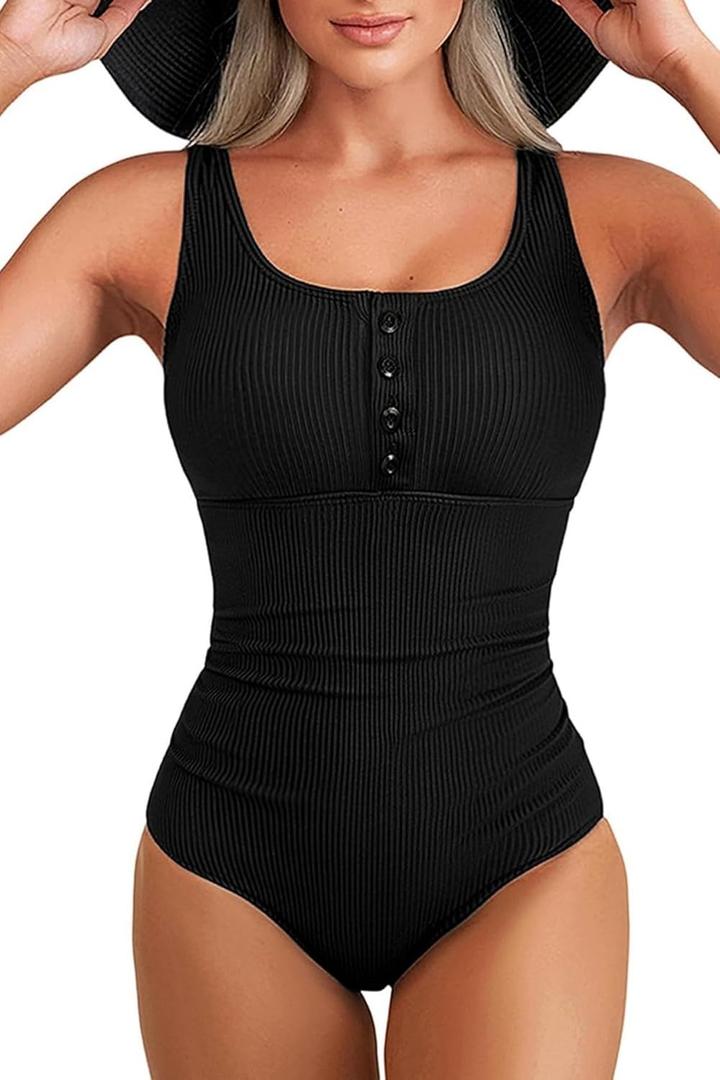 Daci Women Ribbed One Piece Swimsuits Tummy Control Full Coverage Bathing Suit Cute Button Up Ruched Modest Swimwear (XX-Large, Black)