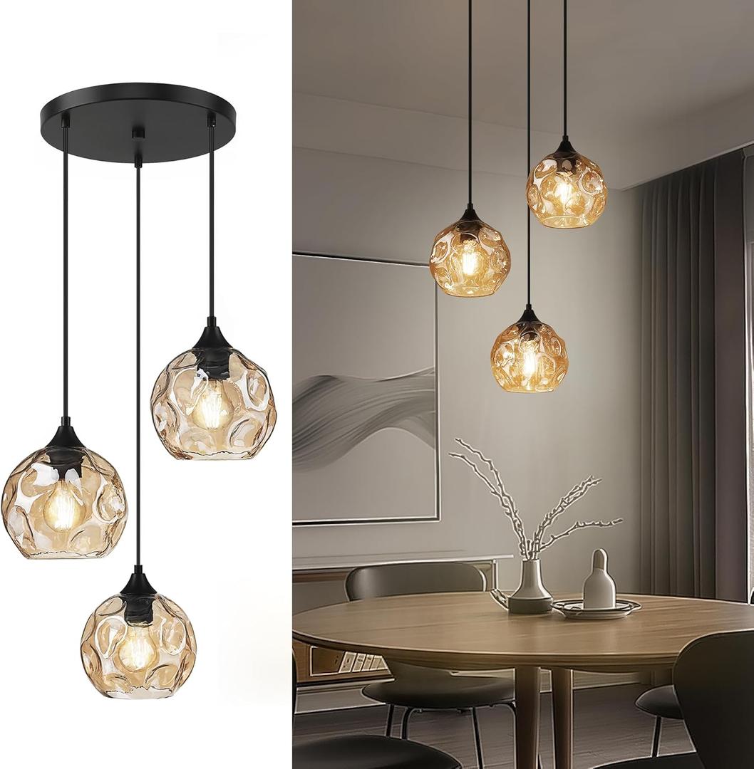 Emliviar 3-Light Cluster Pendant Lamp with Hammered Glass, Linear Barn Hanging Pendant Lighting for Dining Room in Amber Finish, DYE287G2-3 BK
