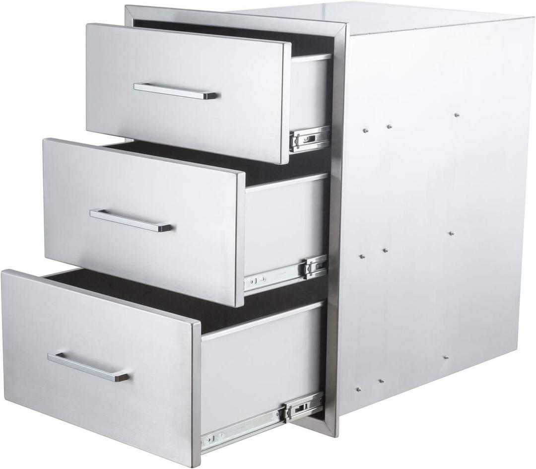 Outdoor Kitchen Drawers Stainless Steel 3-Drawer BBQ Drawer 14" W x 21" H x 23" D Enclosed Built-in Drawer Flush Mount for Outdoor Kitchens & BBQ Islands