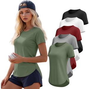 5 Pack Women's Workout Shirts Athletic Quick Dry Tops Exercise UPF 50+ Short Sleeve Gym Yoga Tees (Large, Black, White, Burgundy, Light Gray, Grayish Green)