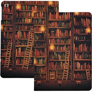 Rotating Case for iPad 9th Generation 8th 7th 10.2 Inch 2021/2020/2019, Premium PU Leather Stand Shell Soft TPU Back Cover with Auto Sleep/Wake, Vintage Library Bookshelf
