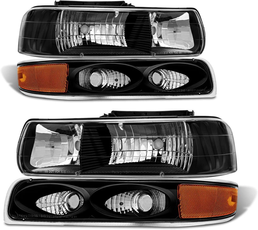 Headlight Assembly for 1999 2000 2001 2002 Chevy Silverado 1500 2500/1500HD 2500HD 3500/2000-2006 Tahoe/Suburban Black Housing Amber Reflector Pair