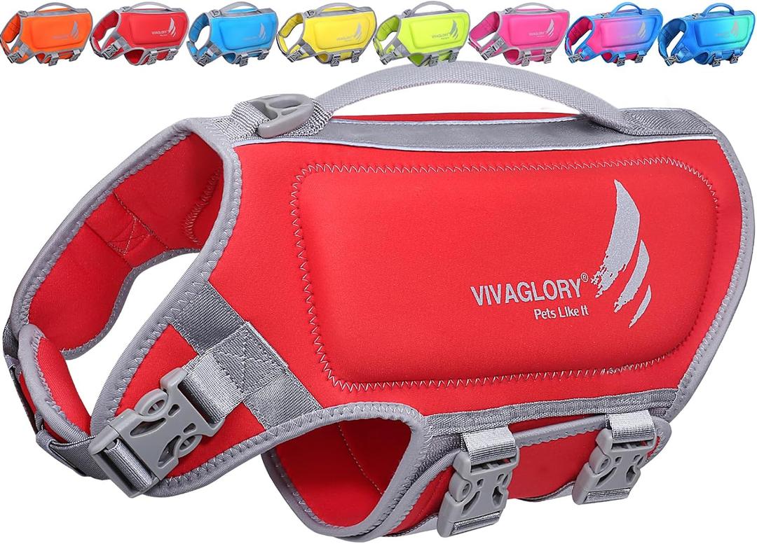 VIVAGLORY High Buoyancy Dog Life Vest, Swimming Vest with Handle, Dog Life Jacket for Swimming & Boating, Buoyancy for Puppy Doggy, S, Red