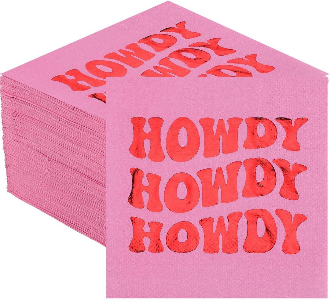 100 Pack Howdy Cocktail Napkins Western Paper Napkin 5x5 Inches Cowboy Cowgirl Disco Wild West Party Beverage Towels for Wedding Bridal Shower Western Bachelorette Party Table Decoration
