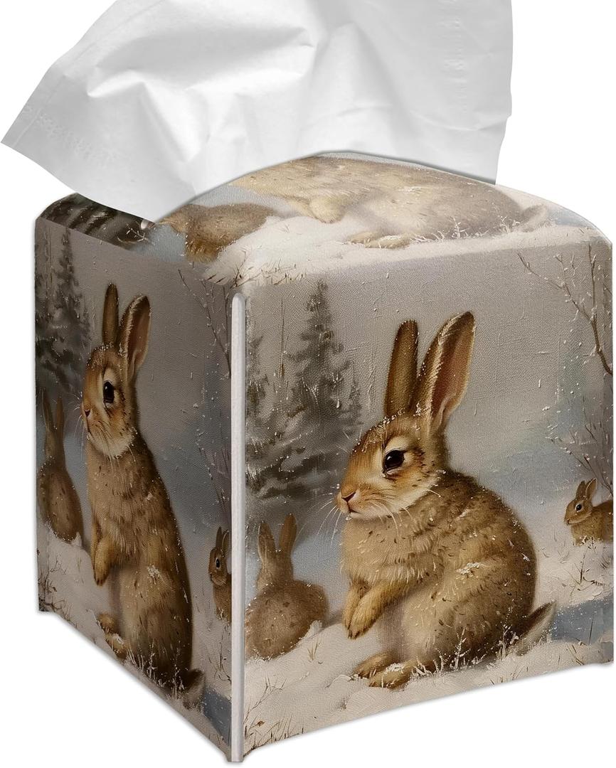 Grace Yonks Winter Tissue Box Cover Square, Snow Rabbits in Forest Design Cube Case for Facial Tissues, 5.2" PU Leather. (101)