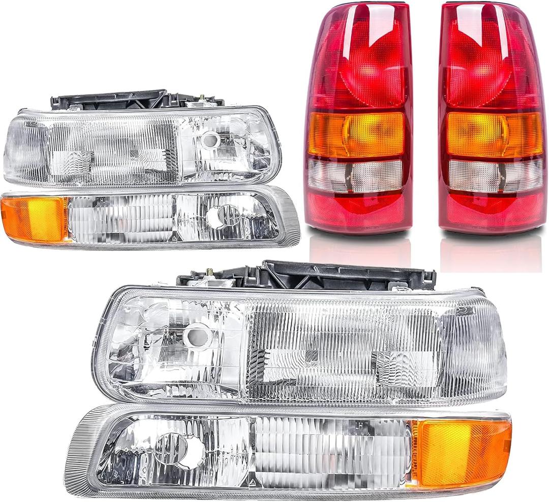 Headlight Taillights Compatible with 1999-2002 Chevy Silverado 1500 2500 Factory Style Head lights Rear Brake Lamp Halogen L+R for 1999 2000 2001 2002