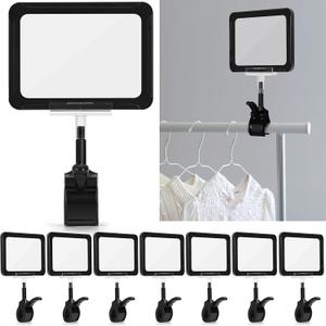 Mlici Acrylic Sign Holder with Clamp, 6 x 9 Inch Double Head Display Clips with PVC Card Protector, Rotating Sign Price Tag Clip On Sign Display for Hangrails or Tubes (Pack of 7) (Black)