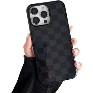 Compatible with iPhone 16 Pro Max Case, Cute Aesthetic Fashion Colorful Checkered Cover for Women, Shockproof Slim Soft TPU and Hard PC Protective Phone Case for iPhone 16 Pro Max 6.9"- Black
