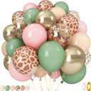Pink Jungle Safari Balloons, 60PCS Sage Green Pastel Pink Gold Balloon, Light Pink Cream Beige Balloon with Animal Print for Girls Birthday Baby Shower Wild One Giraffe Party Decorations Supplies