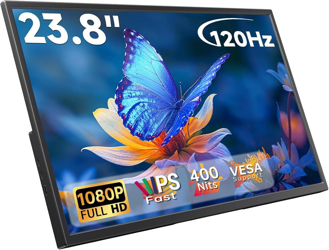 23.8 Inch Portable Monitor for Laptop, 120Hz FHD 1080P IPS External Monitor, 400 Nits HDR Large Second Screen with USB-C HDMI, VESA Compatible Travel Monitor for MacBook PC Phone PS5 Xbox Switch