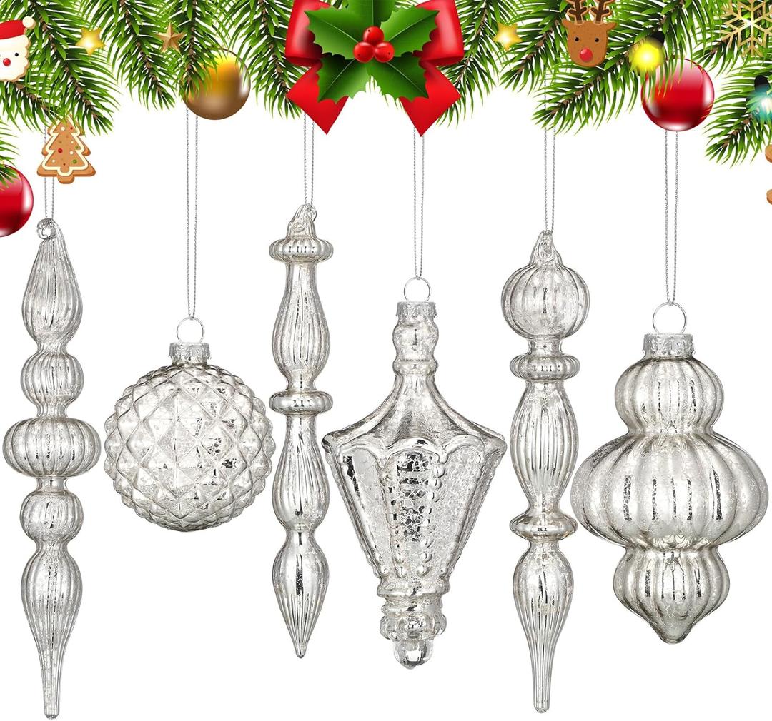 Colingmill Vintage Silver Christmas Mercury Glass Ornament Set 7.87 Inch Glass Finial Ornaments 3.15 Inch Hanging Balls for Christmas Tree Decorations Xmas Holiday Home Decor