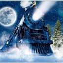 Fabric 8x6ft Winter Train Photography Backdrop Christmas Snowy Moon Night Pine Tree Railway Background Kids Adult Party Decorations Photo Banner Props