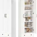 Decofy 70" Tall Storage Cabinets, Large Wood Storage Pantry Cabinet with 6 Adjustable Shelves, 2 Striped Doors & Drawer, Standing Utility Cabinet for Kitchen, Bathroom, Dining Room, Antique (White), 15.3"D X 25"W X 70"H
