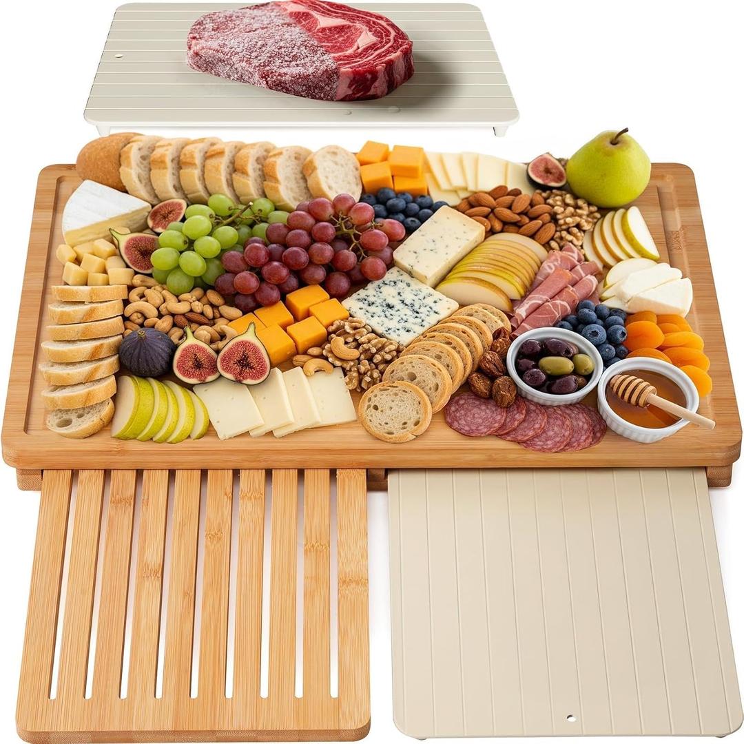 Kikcoin Bamboo Cutting Board Set with Defrosting Tray, Wood Cutting Boards for Kitchen with Deep Juice Grooves & Built-in Organizer Meal Prep Charcuterie& Chopping Board for Meat, Vegetables and Bread