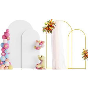 Putros Metal Arch Stand with Cover Set of 2 White Spandex Fitted Wedding Arch Cover and Round Top Chiara Backdrop Stand for Birthday Party Baby Shower Decoration 7.2FT, 6FT