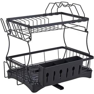 Dish Drying Rack - Kitchen Countertop Double Dish Drainer, Large Dish Drying Rack with Drain Board and Cutlery Rack for Easy Organizing and Storage, Black