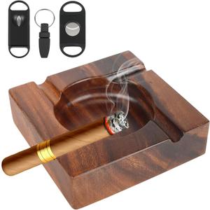 Premium Extra Large Wooden Cigar Ash Tray with 3 Cigar Cutter set, Cigarette Ashtray for Smokers Outside Patio Home Office Bar Use