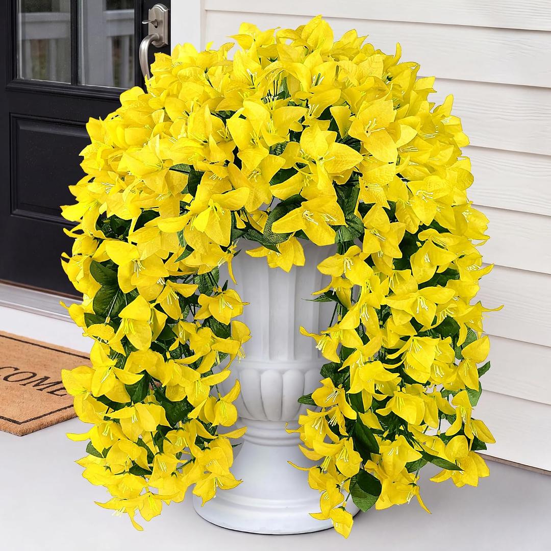 Sggvecsy Artificial Bougainvillea Flowers Fake Hanging Flowers Plants for Outdoor Outside Decoration 2PCS Faux Silk UV Resistant Long Trailing Vines for Front Door Home Porch Patio Yard (Yellow)