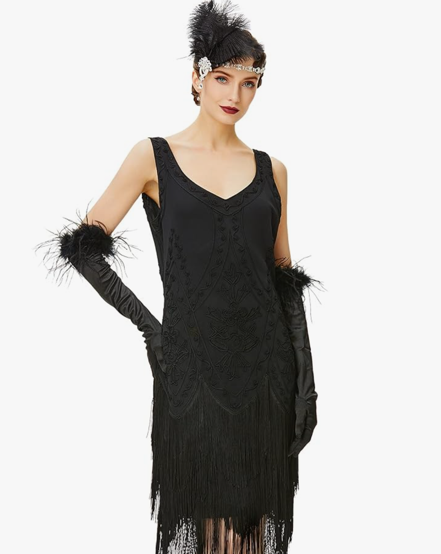 BABEYOND 1920s Flapper Dress Roaring 20s Great Gatsby Costume Dress Fringed Embellished Dress M