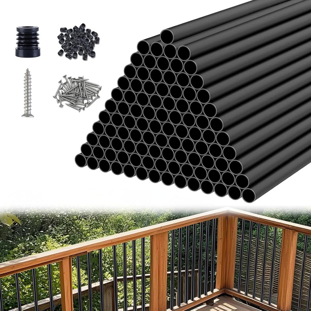 Black Aluminum Deck Balusters 32in x 3/4in, 100 Pack Spindles with Connectors & Screws, Powder-Coated Metal Baluster Replacement Kit for Deck Railing, No-Drill Easy Install