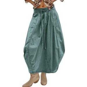 Sujama Poplin Midi Skirt for Women Cotton Baggy Drawstring Parachute Skirt Casual Cargo Maxi Long Skirts with Pockets 2025 Blue Green L