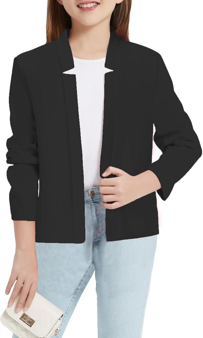 4 x Mebius Girls Blazer Jacket with Inner Pocket Long Sleeve Notched Collar/Lapel Collar Open Front Casual Kids Blazers Suit (Black)