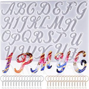 LET'S RESIN Large Alphabet Mold with Hole, Reversed Alphabet Letter Resin Molds Silicone with 30 Jump Rings, 30 Key Rings, Epoxy Molds for Keychain Making(15.3"X8.9")