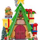 WONDER GARDEN Christmas Village Houses with Santa Sleigh and Reindeer LED Light Christmas Houses Village Collectible Buildings, Musical and Battery Operated for Home Decor or Gift