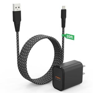 iPhone Charger Cord 20 FT [Apple MFi Certified] iPhone Charger Long Cable with QC 18W Wall Charger Plug, Braided iPhone Cord Fast Charging USB to Lightning Cable for iPhone 14/13/12/11, iPad (Black)