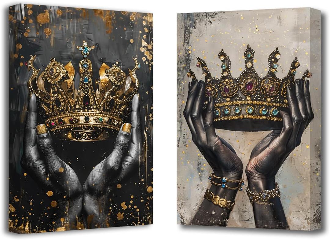 SWQYLB Crown Canvas Wall Art 2 Pieces King and Queen Crown Pictures Prints Abstract Gold Painting Vintage Romantic Artwork for Couple Room Decor (Black, 24.00" x 36.00" x 2PCS)