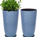 QCQHDU Set of 2 9 Gallon Tall Large planters for Outdoor/Indoor Plants of 12" Dia x 21" H Round Flower Pots Set Faux Stone Finish Front Door Patio Square Porch Planters with Tray, Sky Blue, 21in