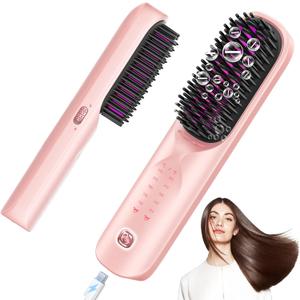 Cordless Hair Straightener Brush - Portable Hair Straightening Brush for Travel - 300M Negative Ions for Frizz-Free Shine, Touch Up On-The-Go, Fast Heating, Gift for Women, 10,000mAh, Powder Pink