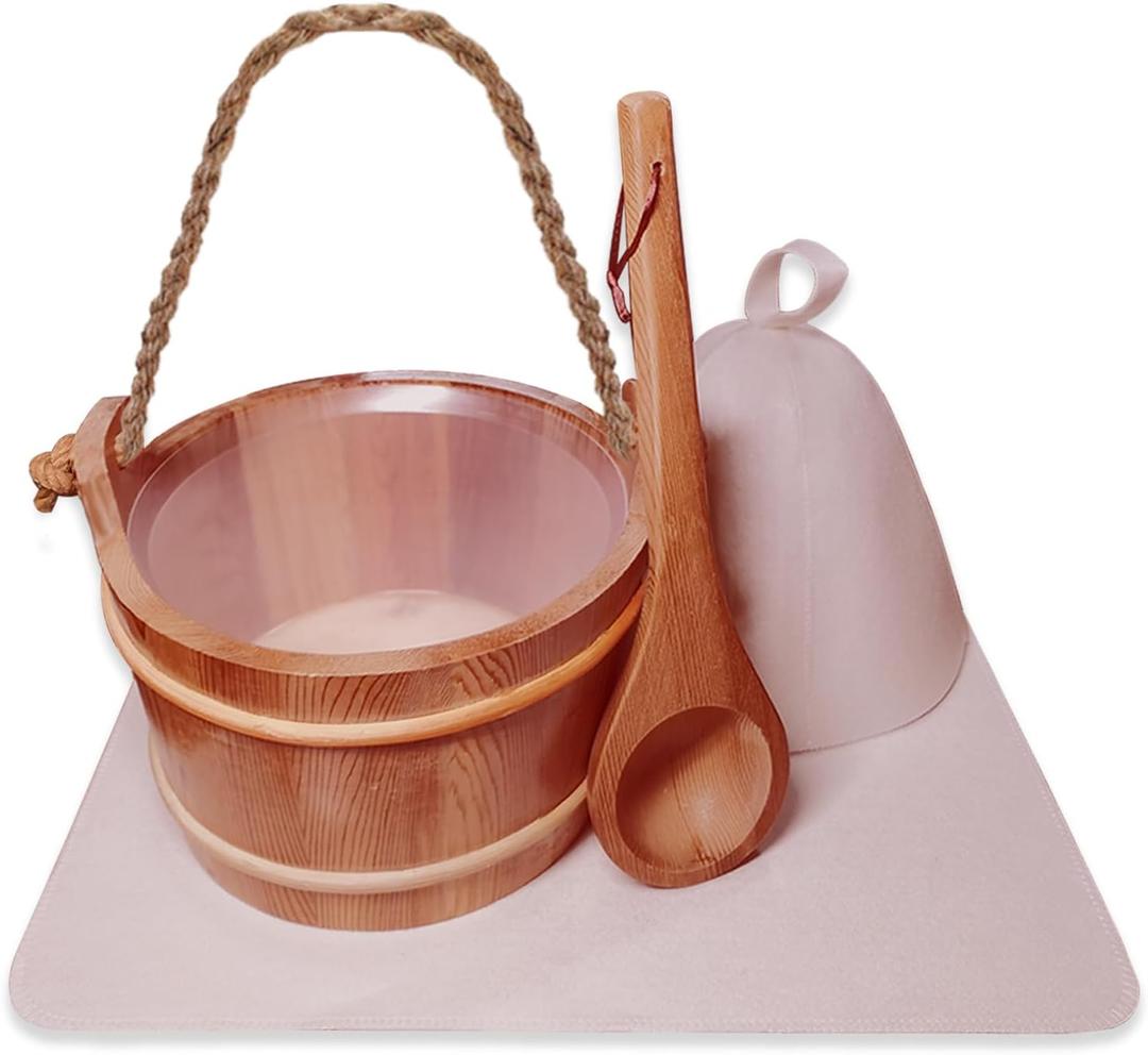 Red Cedar Sauna Bucket and Ladle, with Sauna Hat and Seat Pad, 6L (1.6 Gallons) Wooden Sauna Water Bucket for Sauna Room and Spa Room Sauna Accessory