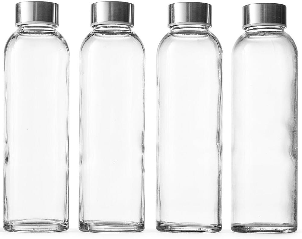 Epica Clear Glass Bottles with Lids, 18oz Resuable Glass Water Bottles for Juicing with Stainless Steel Cap to store Milk, Smoothie, etc., 100% Leak Proof, Durable and Dishwasher Safe (Set of 4) + Wine Opener