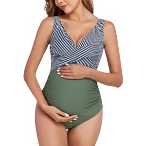 SUMMERSUNSHINE Maternity One Piece Swimwear Front Cross Pregnancy Swimsuit Bathing Suit Maternity Bikini (X-Large, Stripes Army Green)