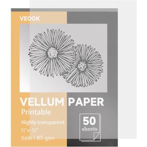 VEOOK Translucent Vellum Paper, 50 Sheets 56lbs/83gsm 11 x 17 inches Printable Vellums Tracing Paper for Tracing, Drawing, Sketching, Card Overlays, Invitations Belly Bands, Envelope, Lantern(VP-04)