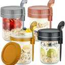 DRKIO 4 Pack Overnight Oats Containers with Lids and Spoons 16 Oz Glass Mason Jars for Overnight Oats Jars Leak Proof Oatmeal Container Great for Cereal Fruit Vegetable Milk Salad Yogurt Meal Prep