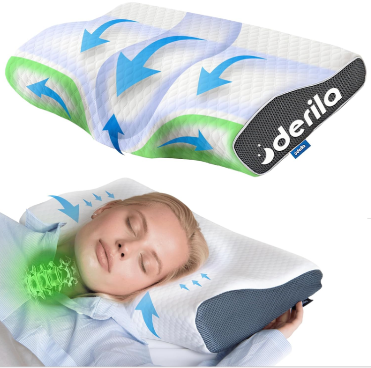 Derila Cervical Neck Pillow for Sleeping - Ergonomic Neck Support Pillow for Back, Stomach, Side Sleeper Contour Memory Foam Pillows for Shoulder Relief - 19.7" x 11.8" x 3.9"