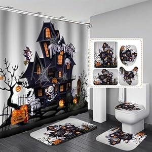 AZHM Halloween Shower Curtain Sets Haunted House Pumpkin Shower Curtains with 12 Hooks, Bathroom Decor Sets with Curtain and Rugs
