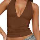 LCNBA Women's Sexy Backless Tie Up Halter Crop Top Deep V Neck Going Out Tops, XXL