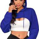 LovelyWholesale Women Cropped Hoodie Zip Up Long Sleeve Crop Top Sweatshirts (Small, Blue)