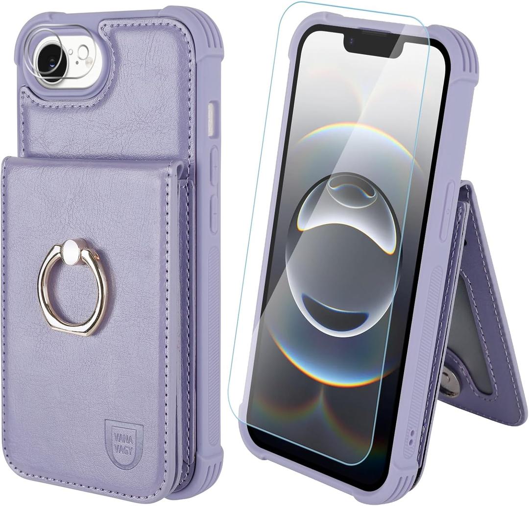 VANAVAGY Compatible for iPhone 16e/17e Wallet Case for Women Men, PU Leather Magnetic Clasp Flip Folio Phone Case Cover with Credit Card Holder Coin Pocket Ring Holder, Clove Purple