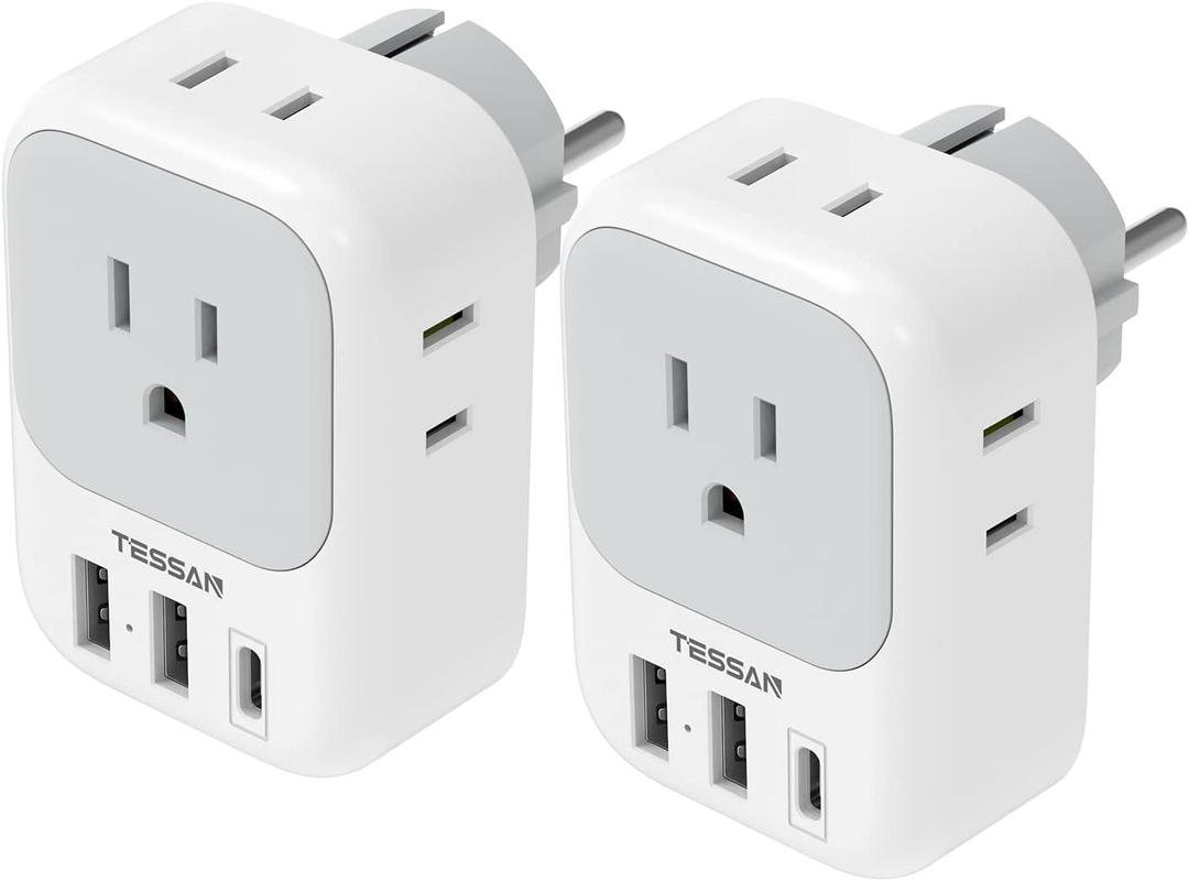 TESSAN 2 Pack Type E F Plug Adapter USB C, Germany France Power Adaptor with 3 USB Charger Ports, 4 AC Outlets Travel Plug for US to Europe EU Spain Iceland Korea Greece Russia German French
