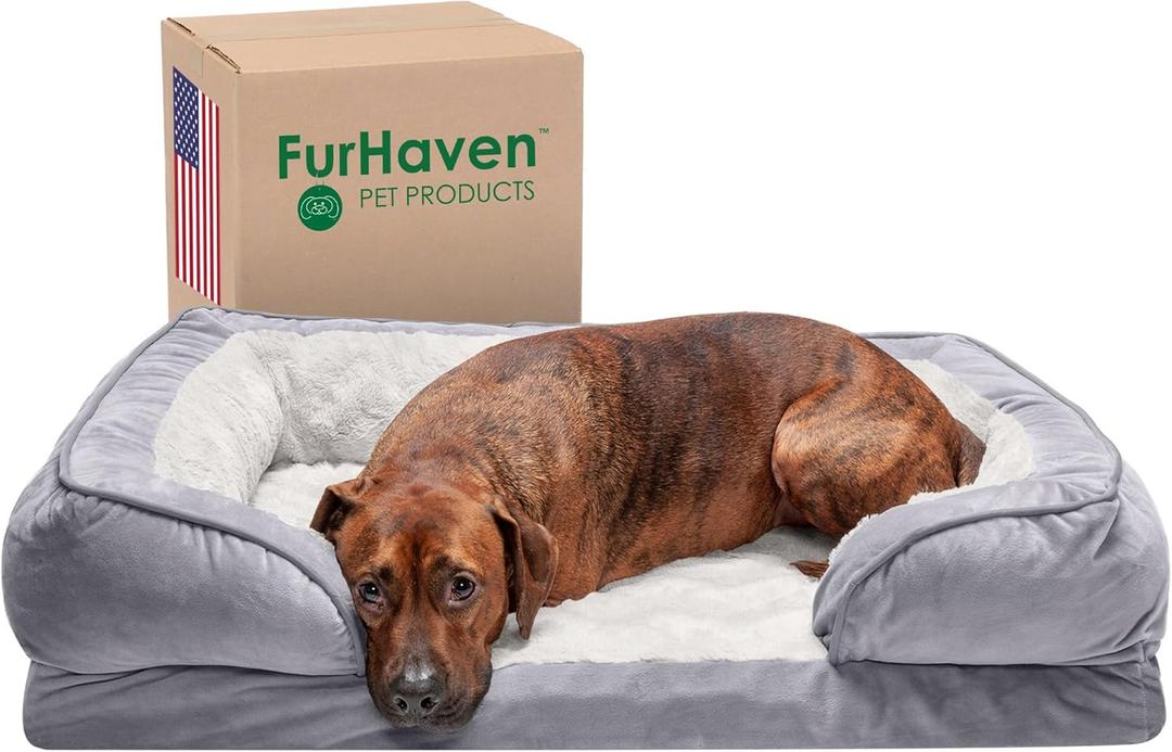 Furhaven Memory Foam Dog Bed for Large/Medium Dogs w/ Removable Bolsters & Washable Cover, For Dogs Up to 55 lbs - Plush & Velvet Waves Perfect Comfort Sofa - Granite Gray, Large (Large, Granite Gray)
