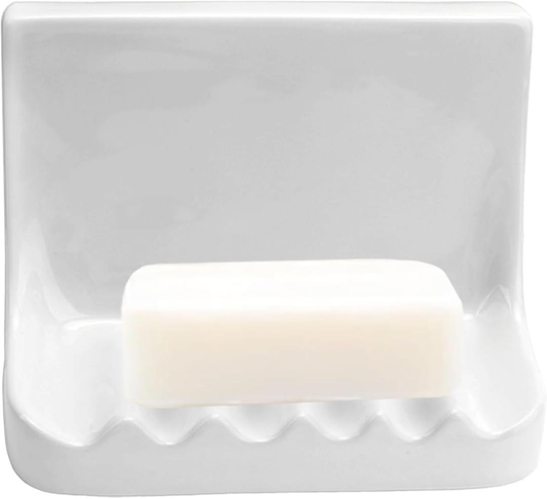 White Ceramic Soap Dish, Wall-Mounted Porcelain Soap Holder with Drain Slope, Vintage Style for Bathroom Shower Wall